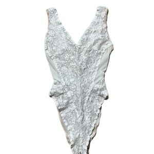 VTG 80s Lace Sheer Mesh High Leg Bodysuit S Coquette Made in USA